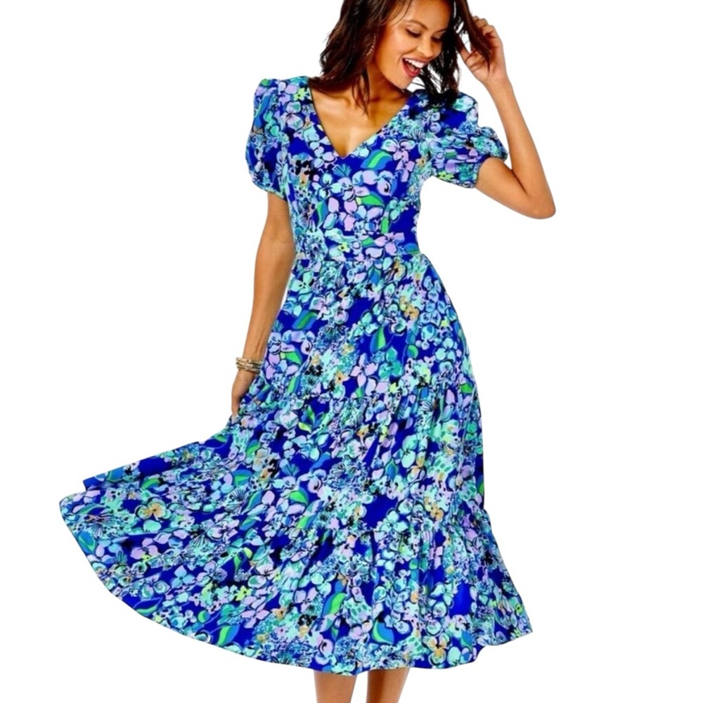 Lilly Pulitzer Grace Short Sleeve Midi Dress Blue Grotto Twilight Tropics 12 NWT - Picture 1 of 9